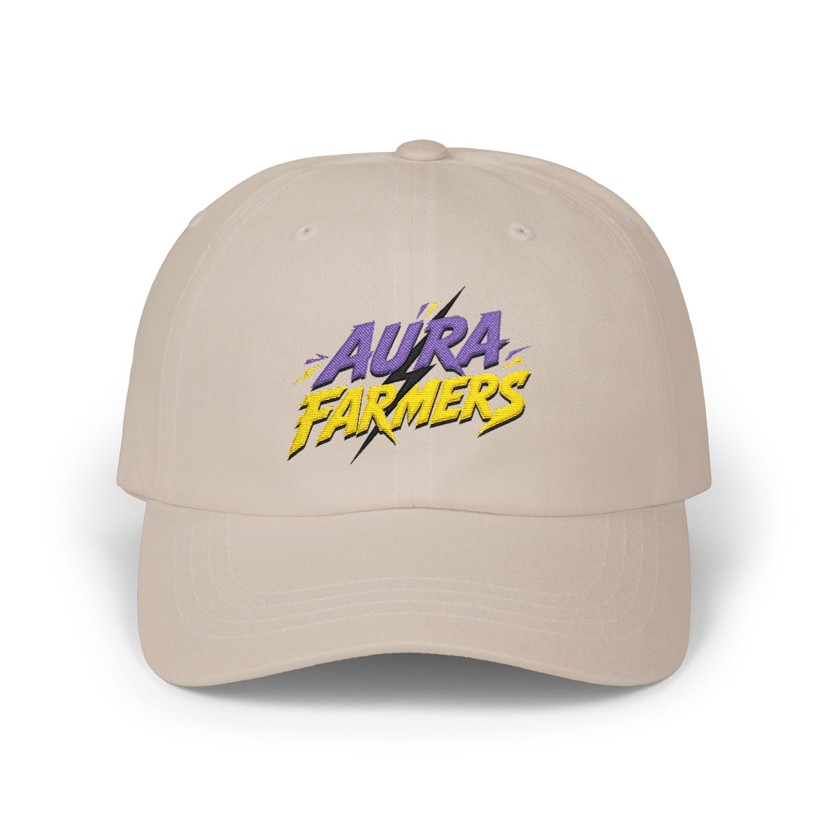 Aura Farmers Logo meme dad hat in Stone with "Aura Farmers Logo" graphic, front view