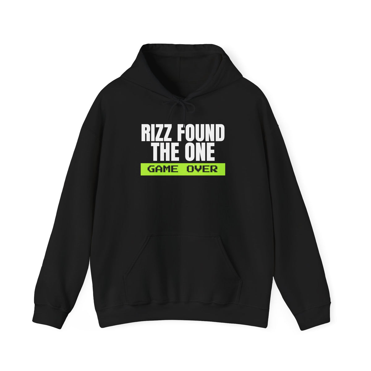 Rizz Found The One Game Over bachelor party hoodie in Black with "Rizz Found The One Game Over" graphic, front view