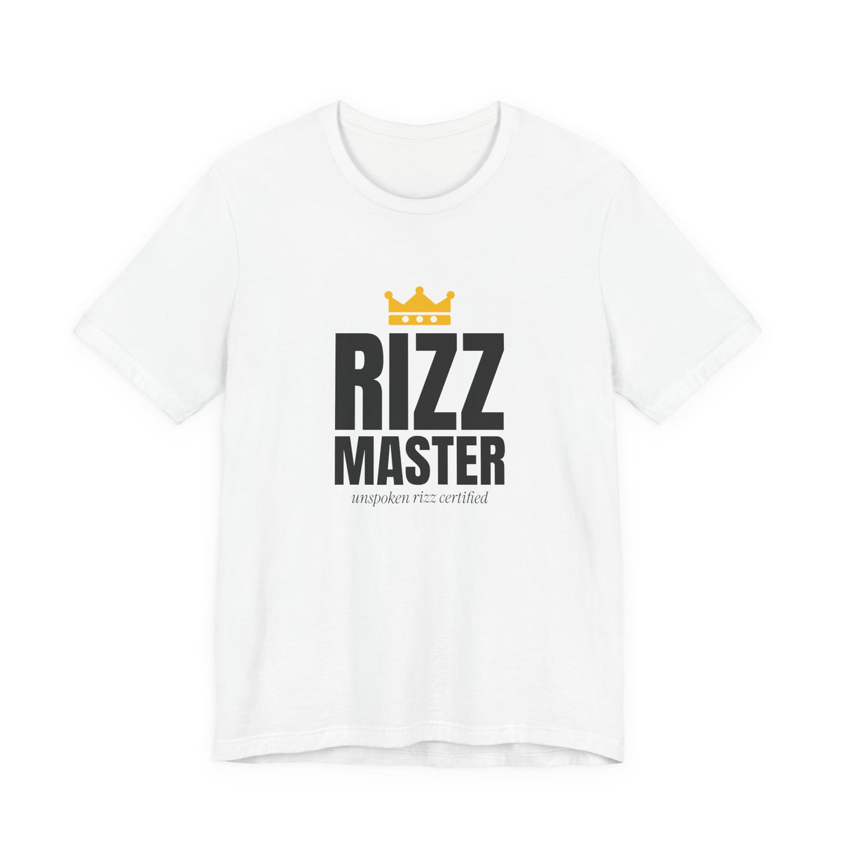 Rizz Master rizz t-shirt in White with "Rizz Master" graphic, front view