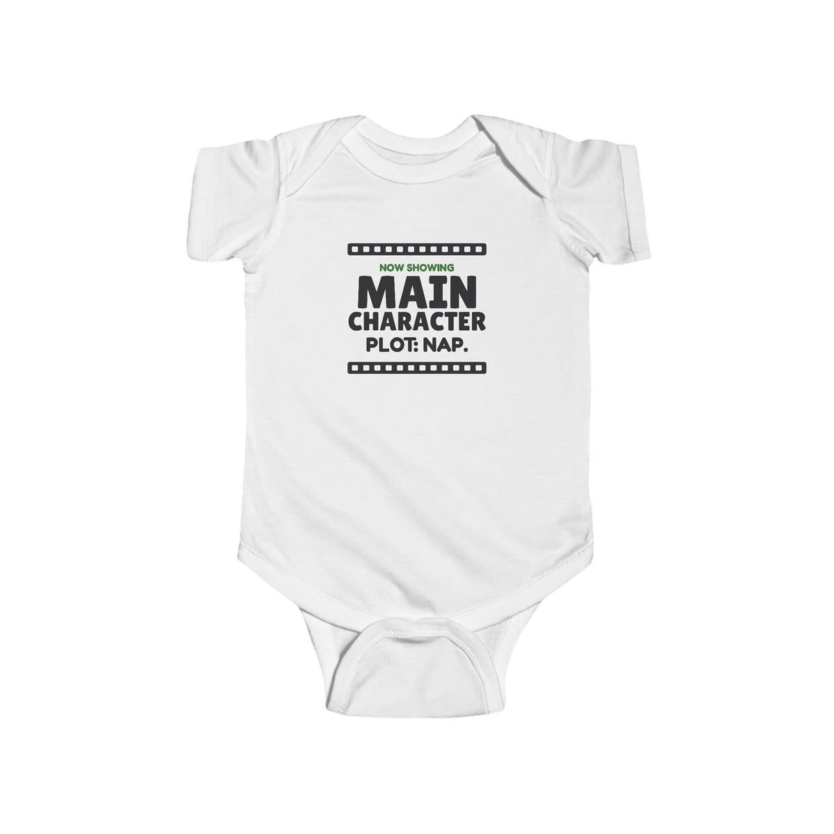 Main Character Plot Nap Gen Z meme baby onesie in White with "Main Character Plot Nap" graphic, front view