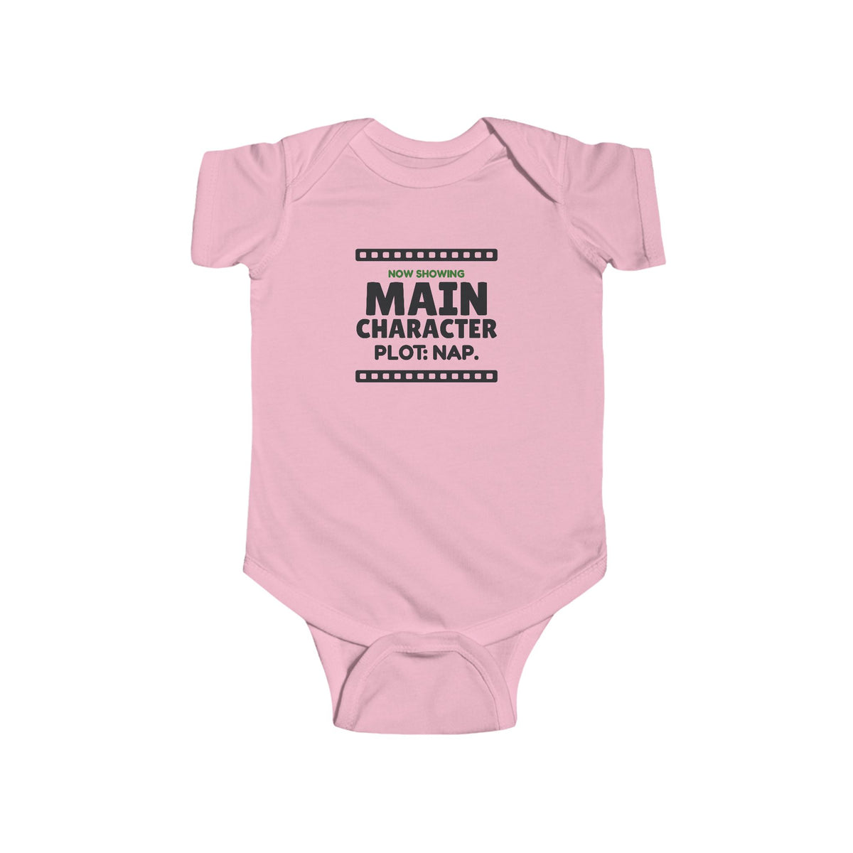Main Character Plot Nap Gen Z meme baby onesie in Pink with "Main Character Plot Nap" graphic, product photo 4