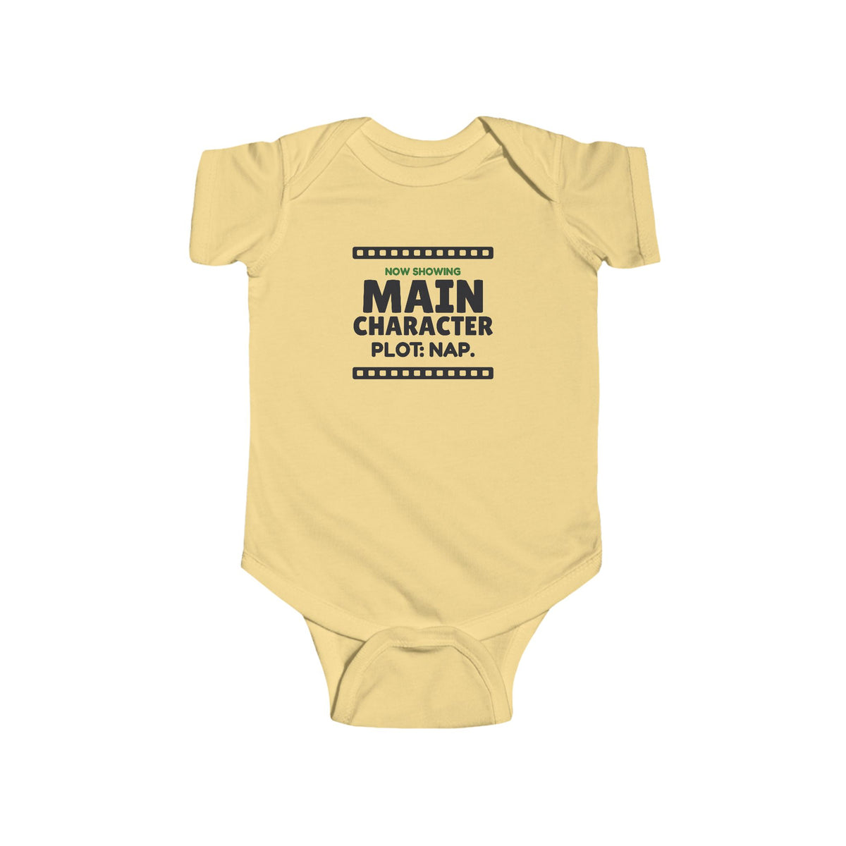 Main Character Plot Nap Gen Z meme baby onesie in Butter with "Main Character Plot Nap" graphic, product photo 2