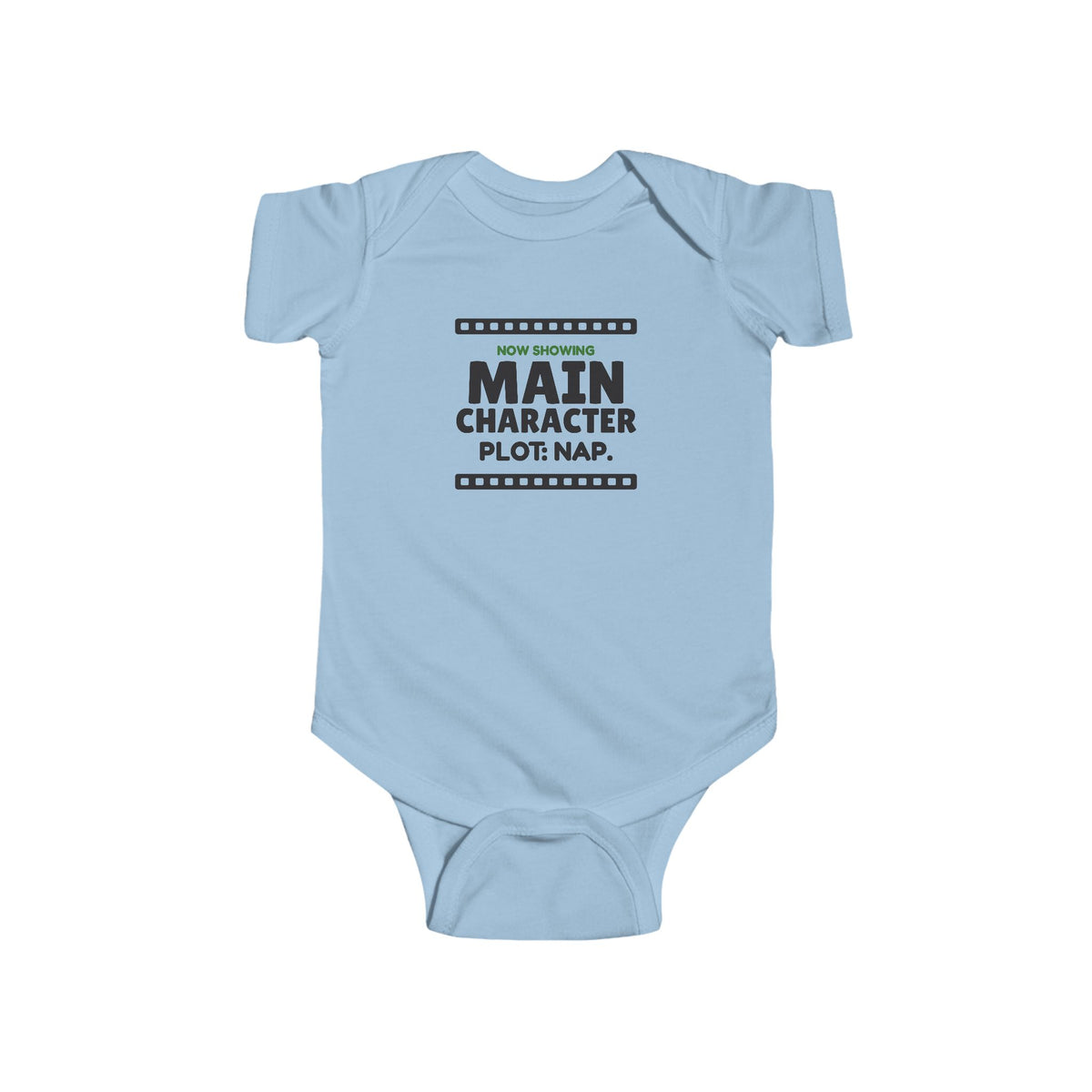 Main Character Plot Nap Gen Z meme baby onesie in Light Blue with "Main Character Plot Nap" graphic, product photo 3