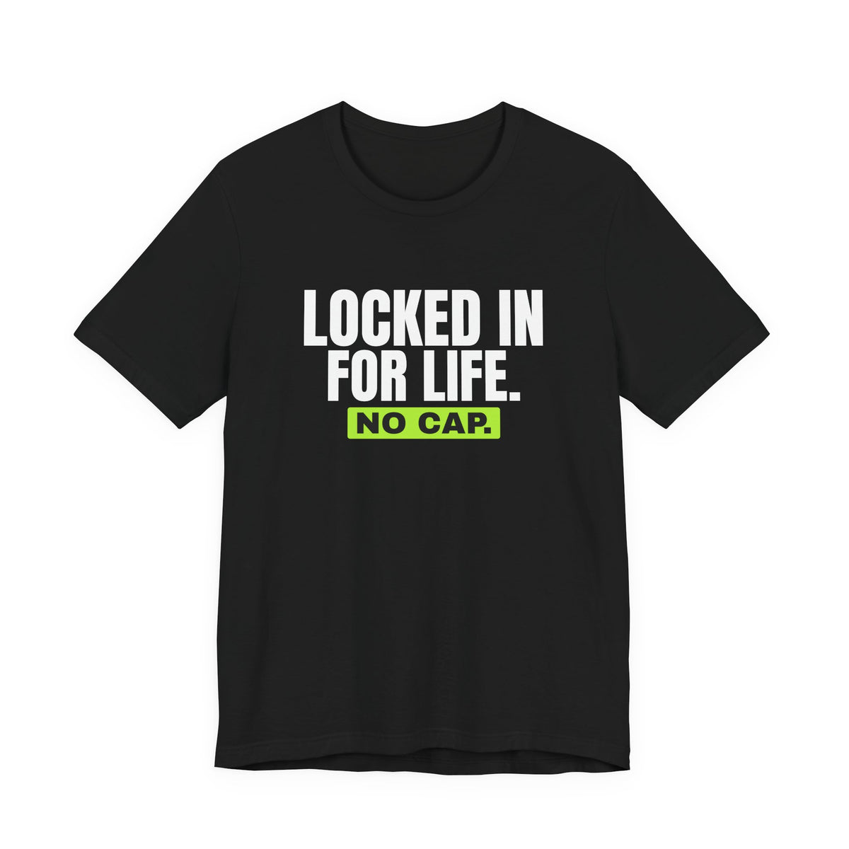 Locked In For Life No Cap bachelor party t-shirt in Black with "Locked In For Life No Cap" graphic, product photo 2
