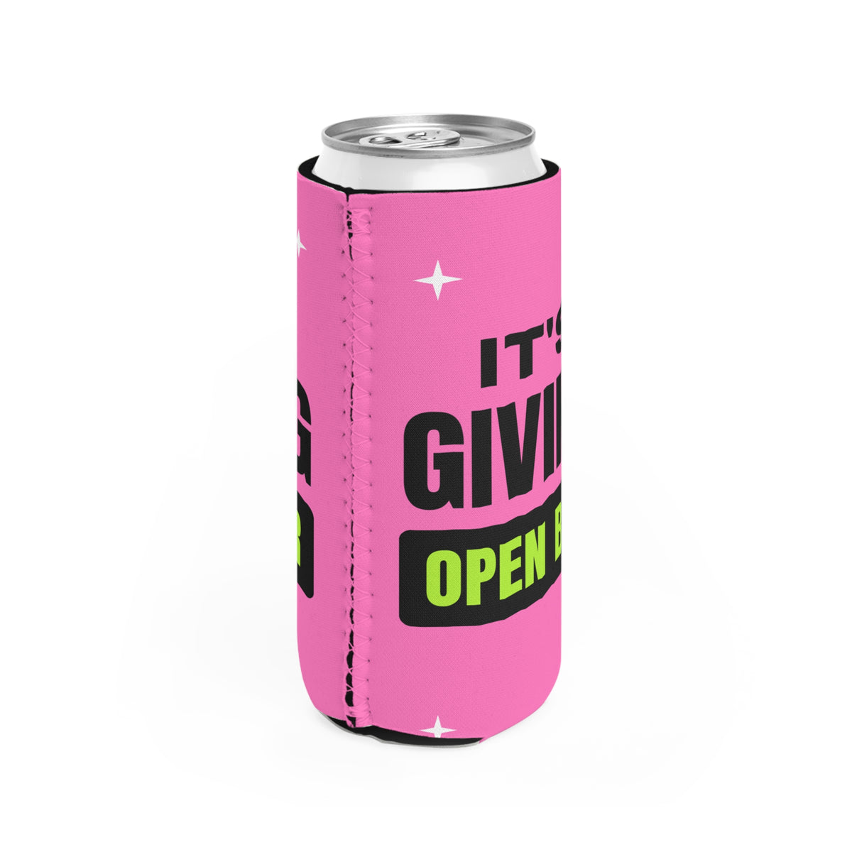 It's Giving Open Bar bachelorette party slim can cooler with "It's Giving Open Bar" graphic, product photo 4