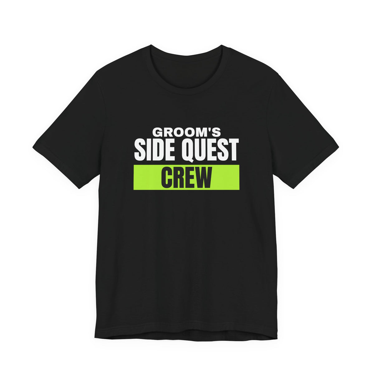Groom's Side Quest Crew bachelor party t-shirt in Black with "Groom's Side Quest Crew" graphic, product photo 2