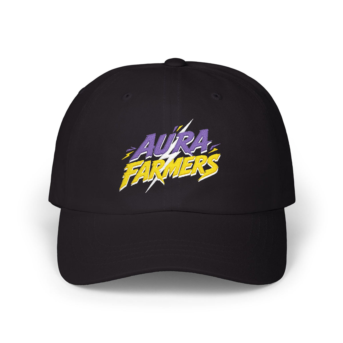 Aura Farmers Logo meme dad hat in Black with "Aura Farmers Logo" graphic, product photo 2