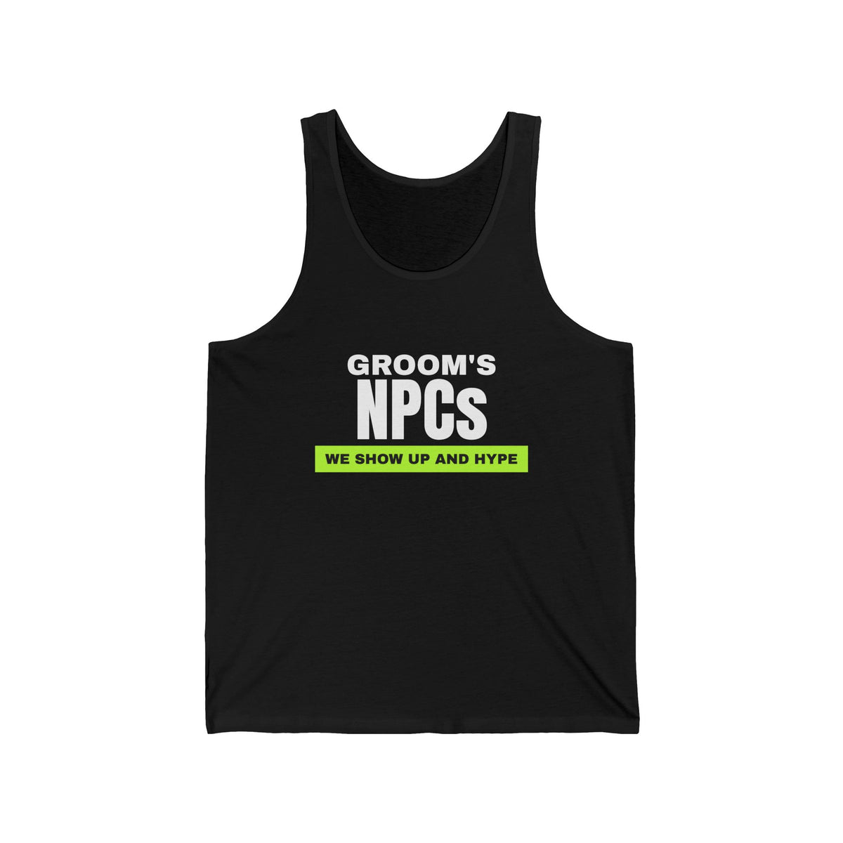Groom's NPCs bachelor party tank top in Black with "Groom's NPCs" graphic, product photo 2