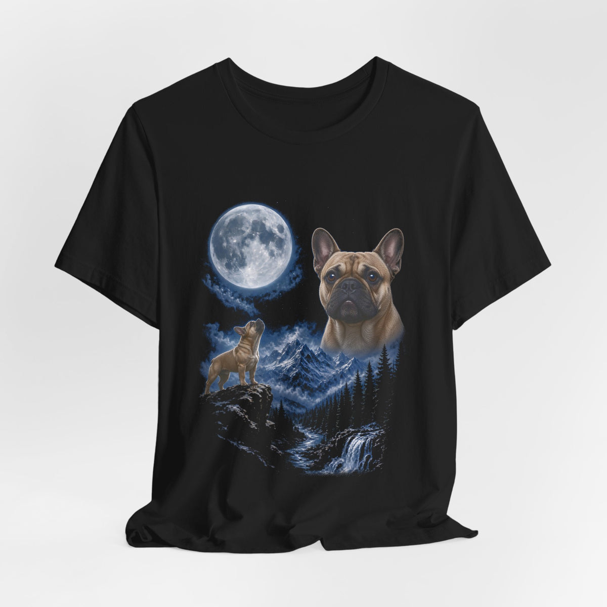 Black t-shirt with a photoreal French bulldog under a full moon and a second French bulldog howling on a cliff over mountains and a waterfall, flat lay