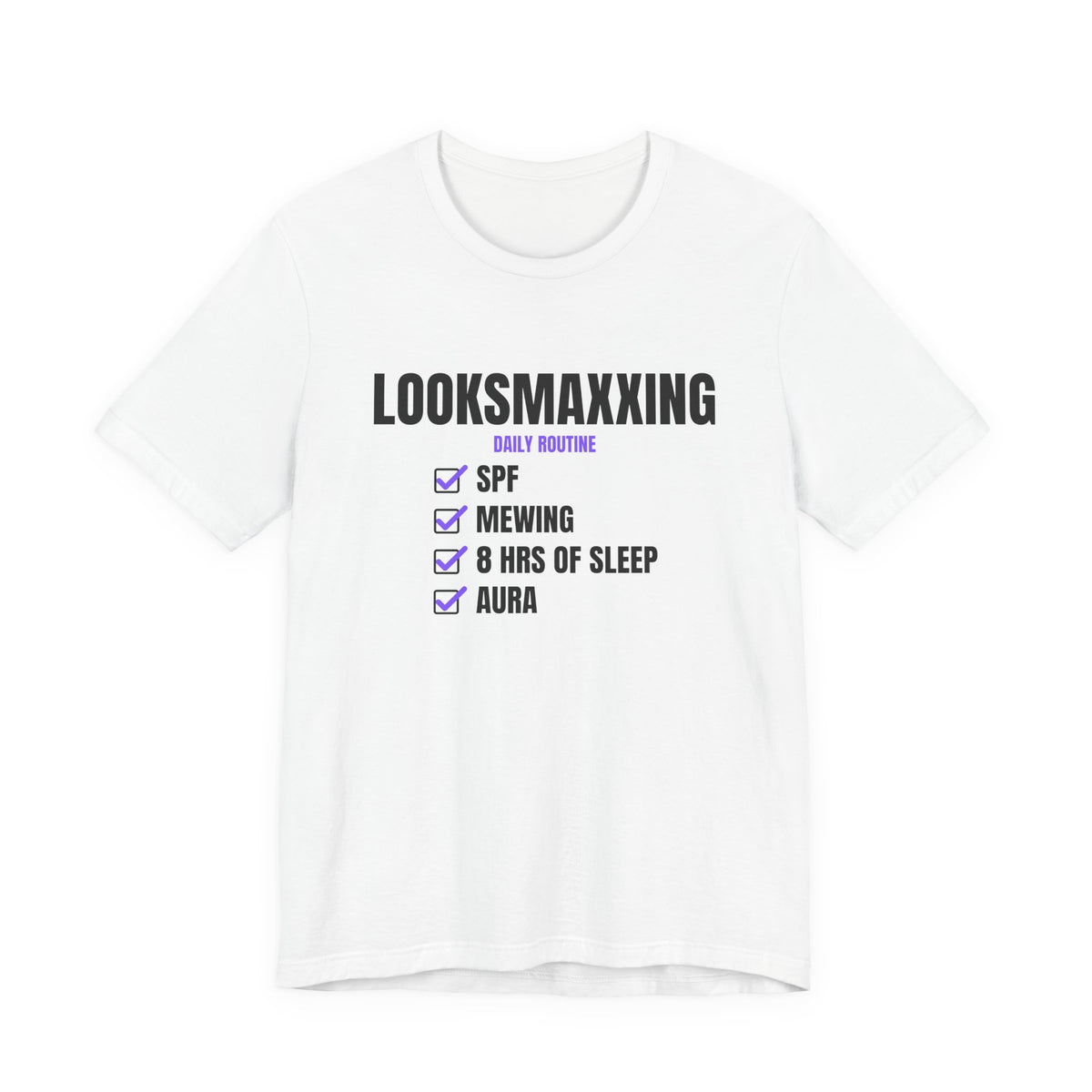 Looksmaxxing Routine looksmaxxing t-shirt in White with "Looksmaxxing Routine" graphic, front view