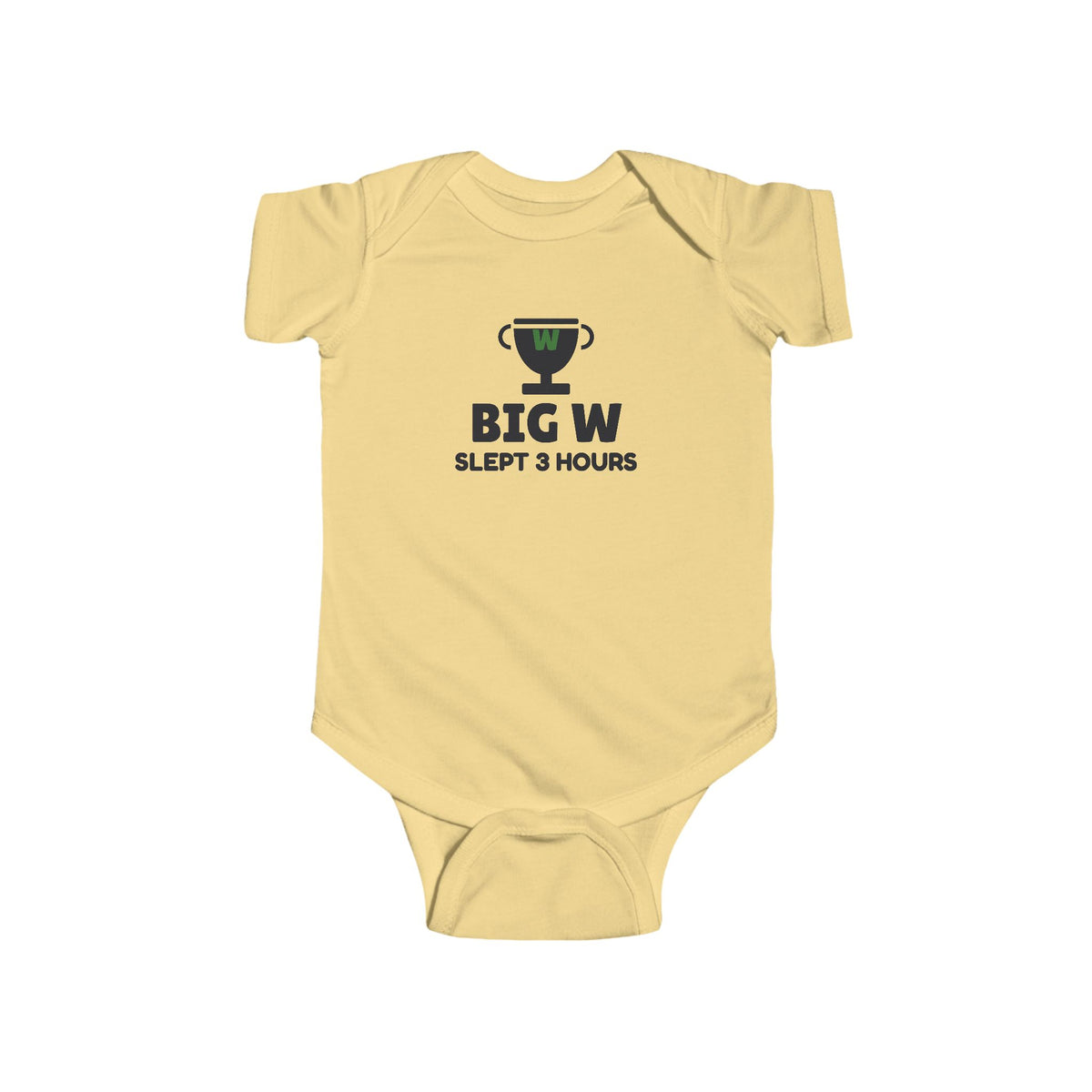Big W Slept 3 Hours Gen Z meme baby onesie in Butter with "Big W Slept 3 Hours" graphic, product photo 2