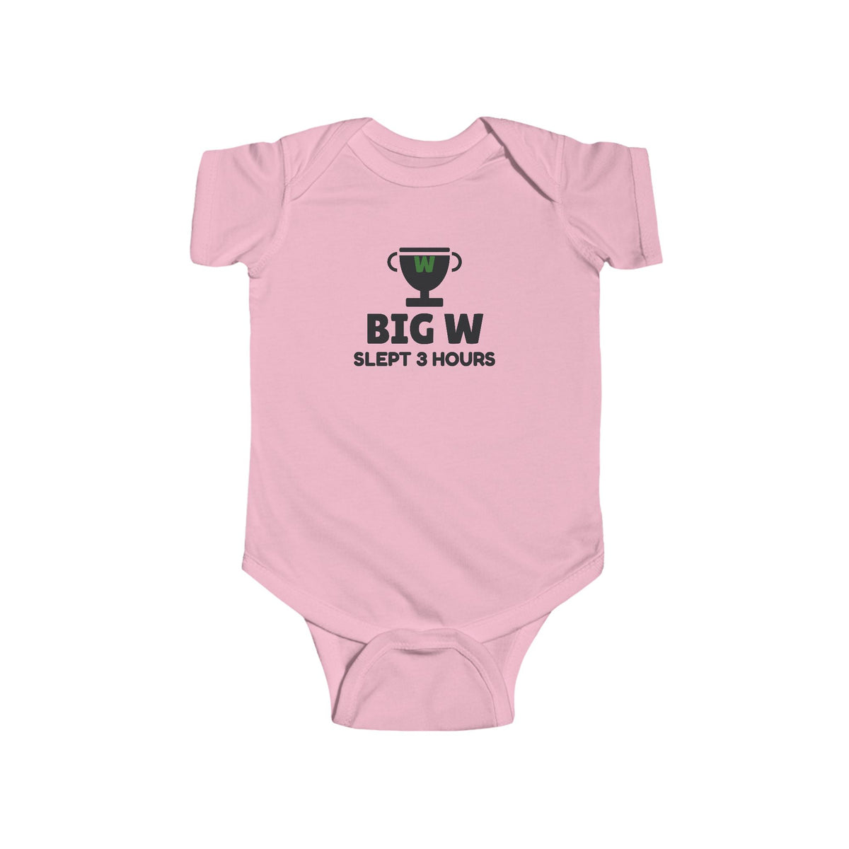 Big W Slept 3 Hours Gen Z meme baby onesie in Pink with "Big W Slept 3 Hours" graphic, product photo 4