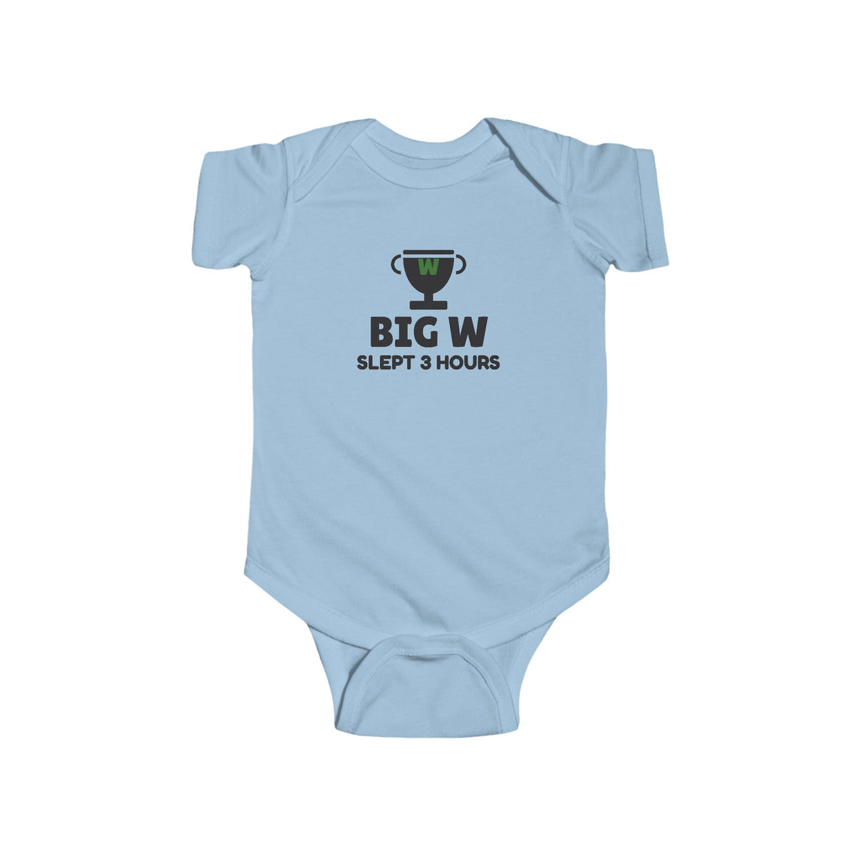 Big W Slept 3 Hours Gen Z meme baby onesie in Light Blue with "Big W Slept 3 Hours" graphic, product photo 3