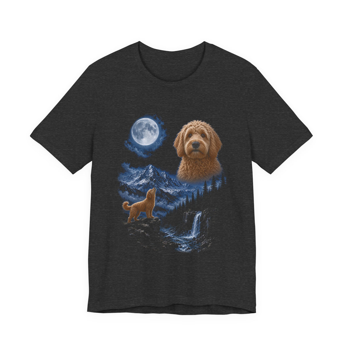 Dark Grey Heather t-shirt with a photoreal goldendoodle under a full moon and a second goldendoodle howling on a cliff over mountains and a waterfall, front view