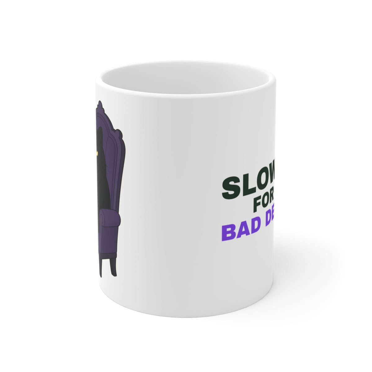 Slow Clap black cat clapping meme white mug with "Slow Clap" graphic, front view