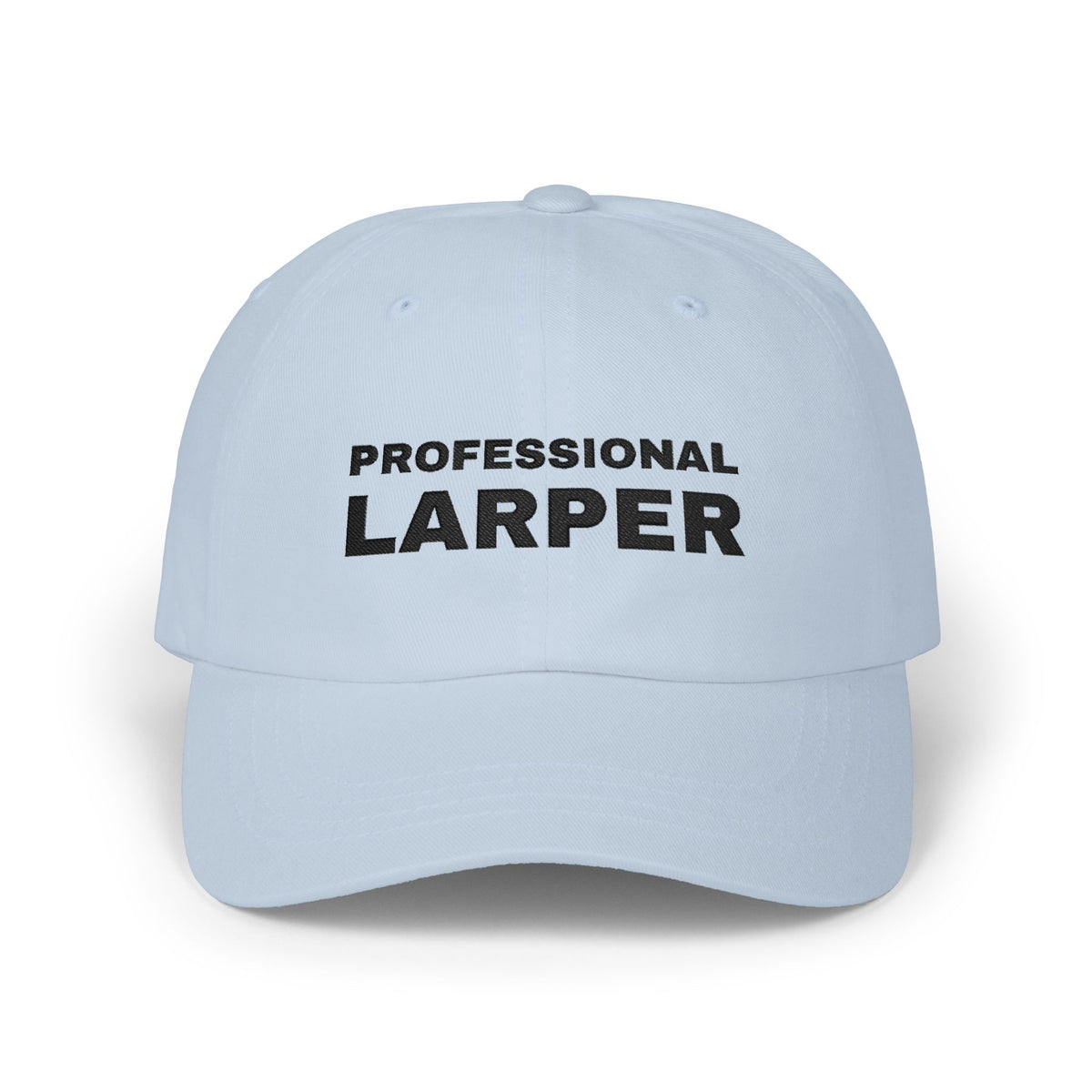 Professional Larper NPC and larp dad hat in Light Blue with "Professional Larper" graphic, product photo 2