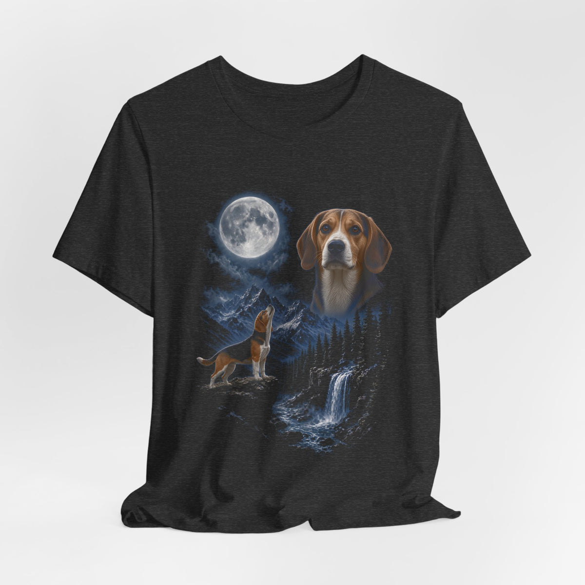 Dark Grey Heather t-shirt with a photoreal beagle under a full moon and a second beagle howling on a cliff over mountains and a waterfall, flat lay
