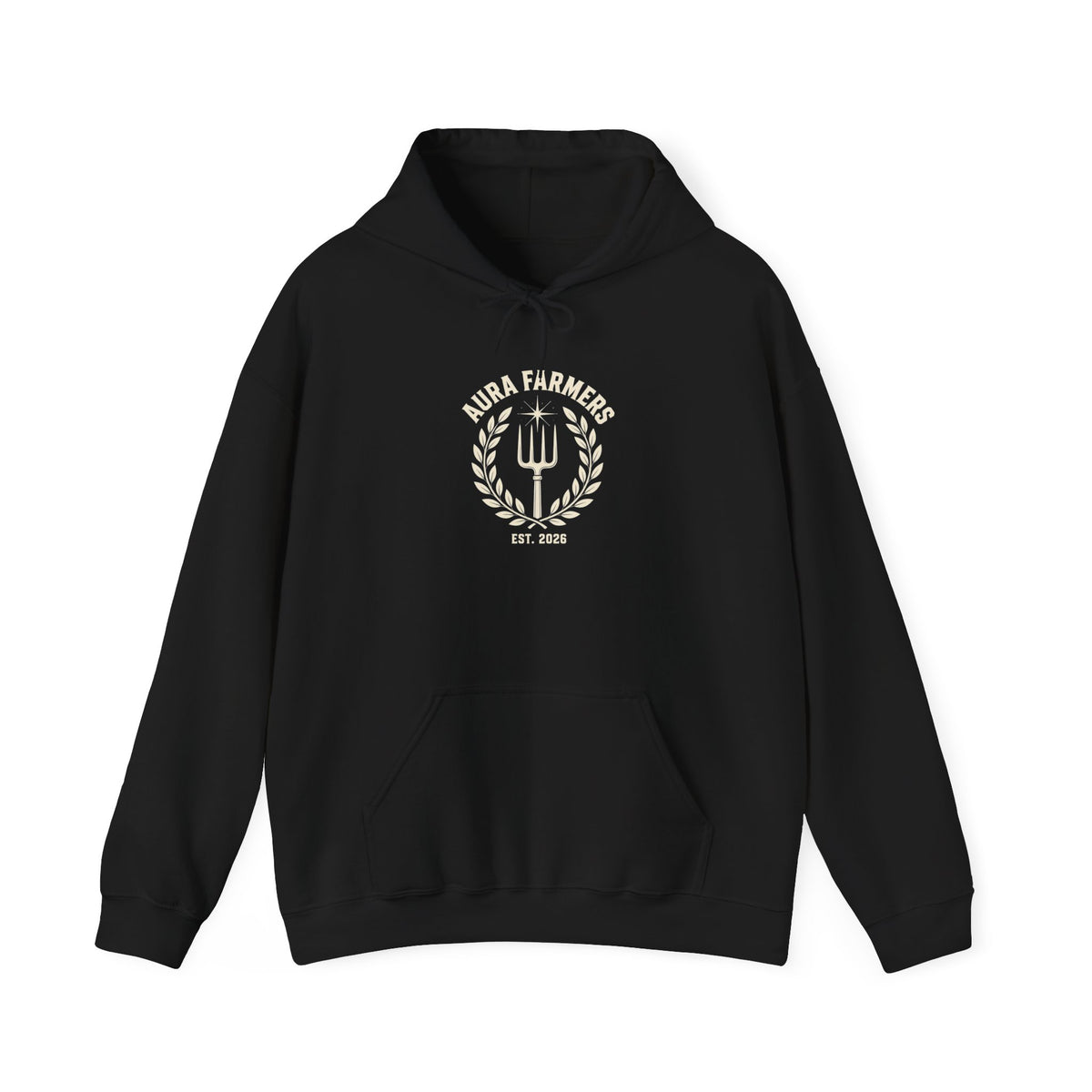 Aura Farmers Est. 2026 aura farming hoodie in Black with "Aura Farmers Est. 2026" graphic, front view