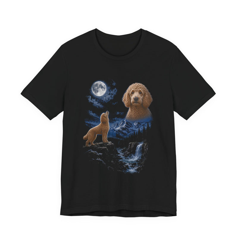 Black t-shirt with a photoreal poodle under a full moon and a second poodle howling on a cliff over mountains and a waterfall, front view