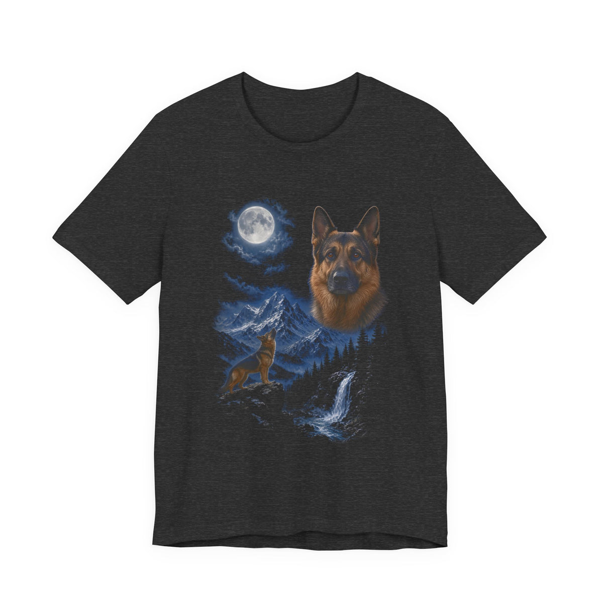 Dark Grey Heather t-shirt with a photoreal German shepherd under a full moon and a second German shepherd howling on a cliff over mountains and a waterfall, front view