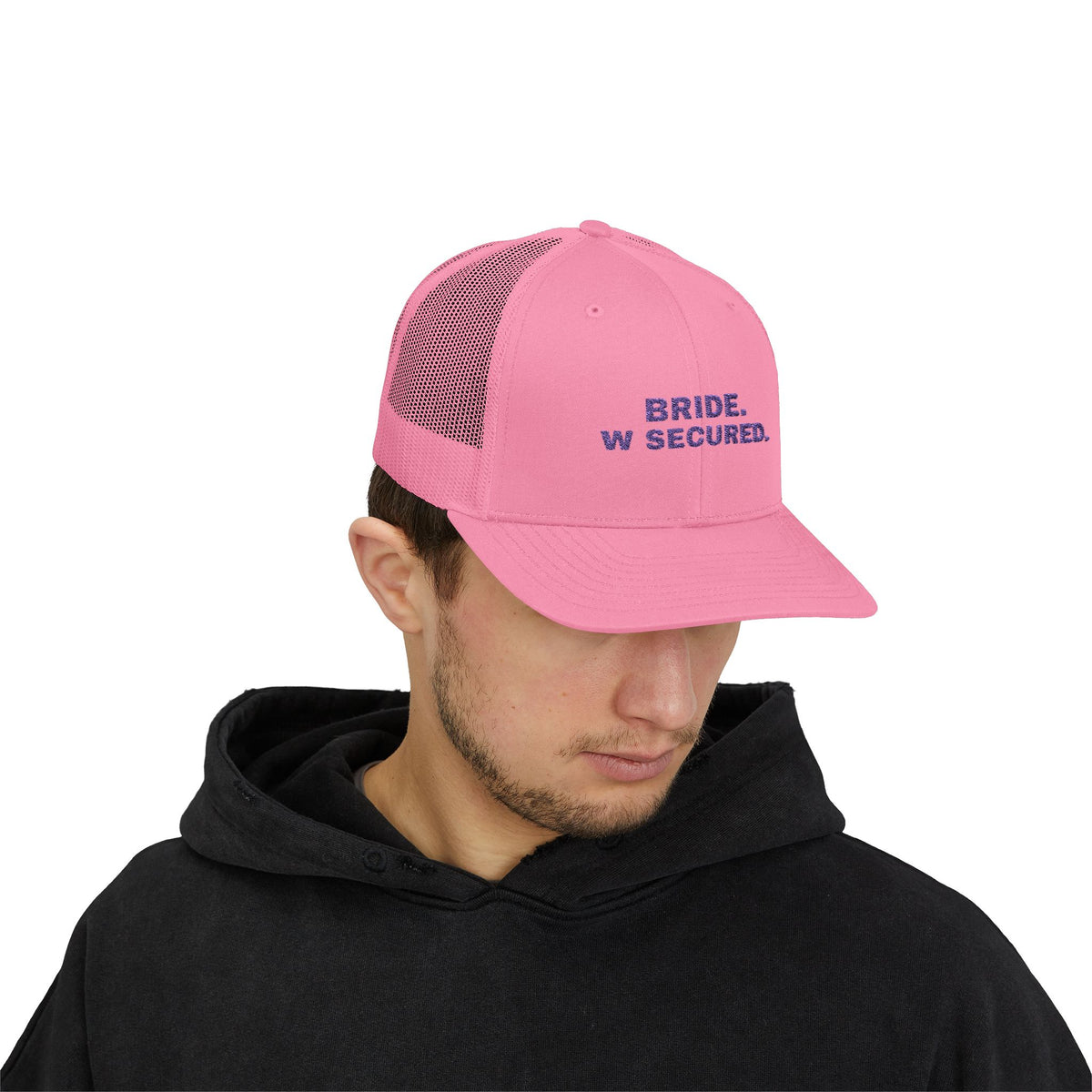Bride W Secured bachelorette party trucker hat with "Bride W Secured" graphic, product photo 11