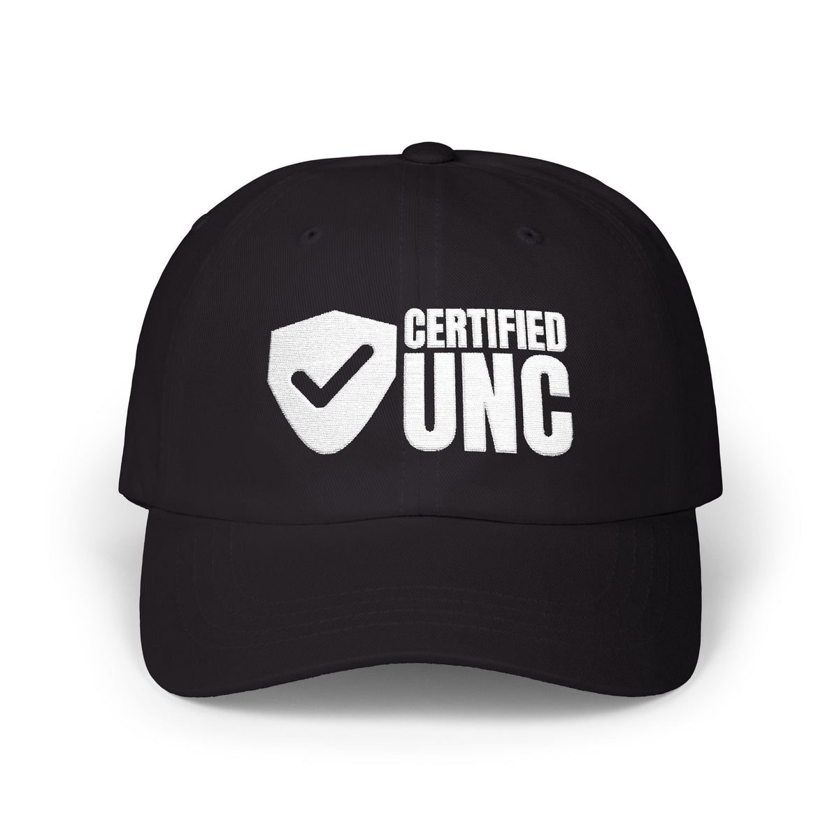 Certified Unc unc status dad hat in Black with "Certified Unc" graphic, front view