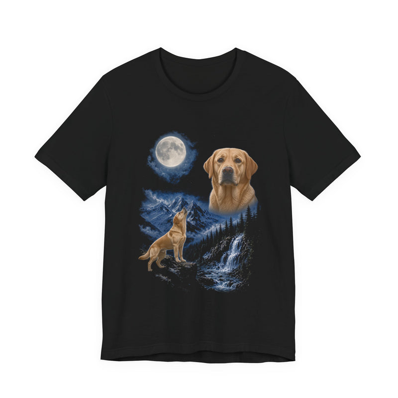 Black t-shirt with a photoreal Labrador retriever under a full moon and a second Labrador retriever howling on a cliff over mountains and a waterfall, front view