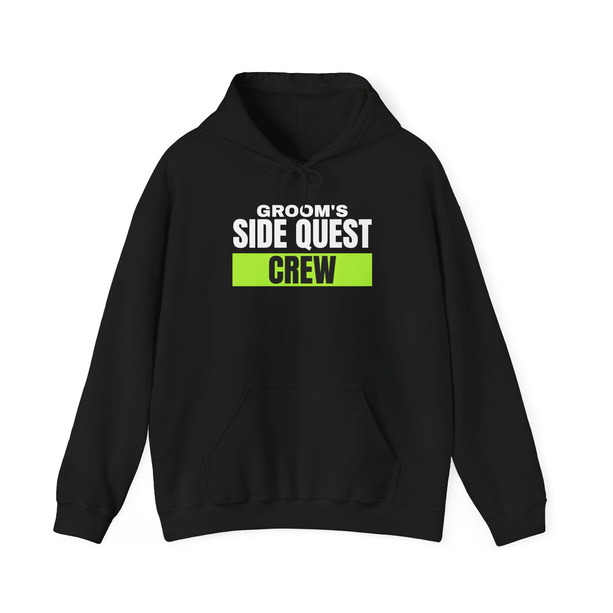 Groom's Side Quest Crew bachelor party hoodie in Black with "Groom's Side Quest Crew" graphic, front view