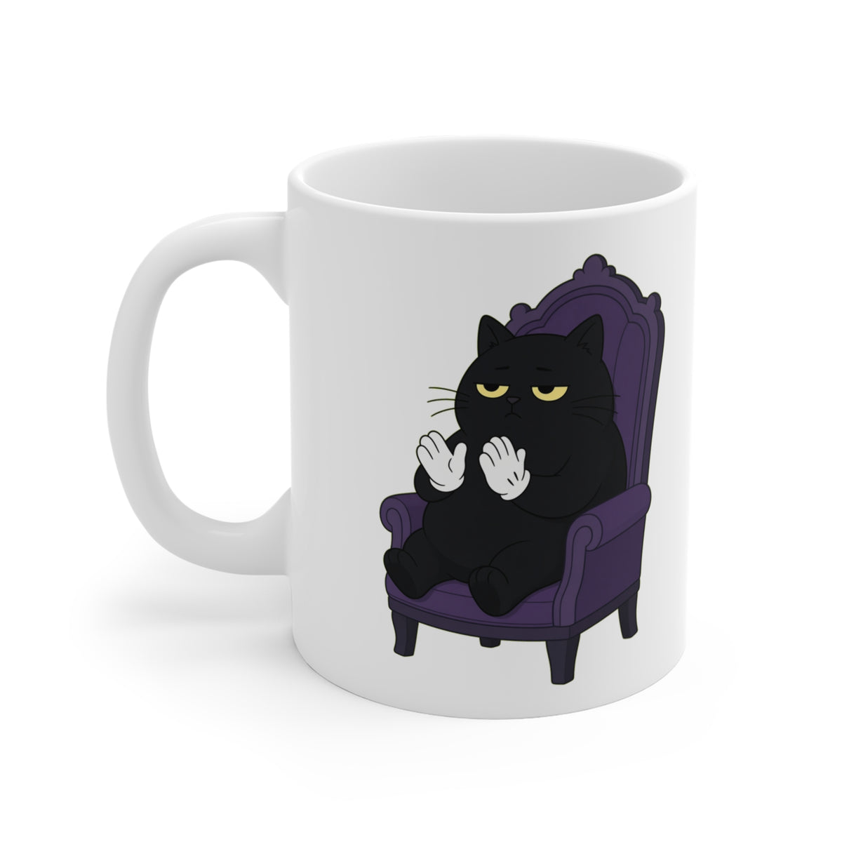 Slow Clap black cat clapping meme white mug with "Slow Clap" graphic, product photo 2