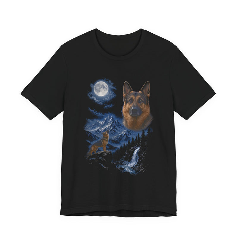 Black t-shirt with a photoreal German shepherd under a full moon and a second German shepherd howling on a cliff over mountains and a waterfall, front view