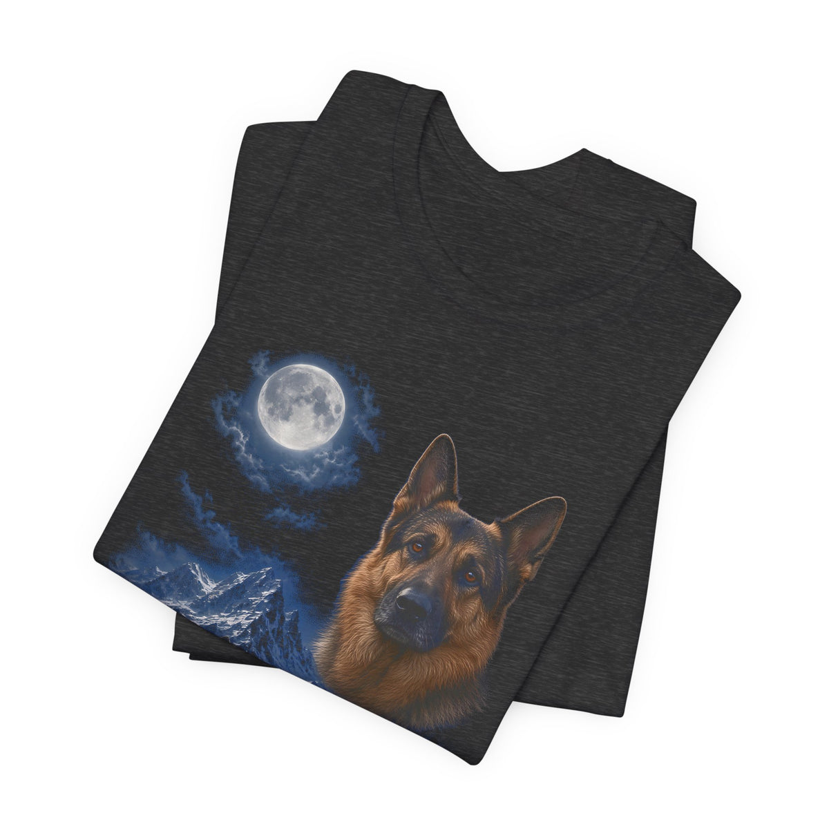 Dark Grey Heather t-shirt with a photoreal German shepherd under a full moon and a second German shepherd howling on a cliff over mountains and a waterfall, folded