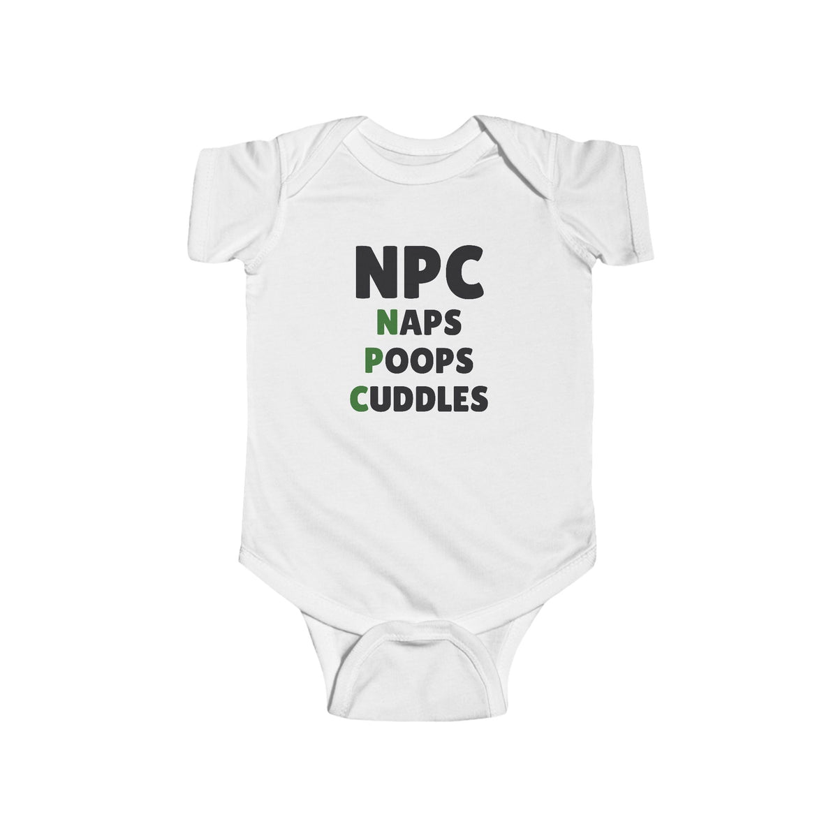 NPC Naps Poops Cuddles Gen Z meme baby onesie in White with "NPC Naps Poops Cuddles" graphic, front view