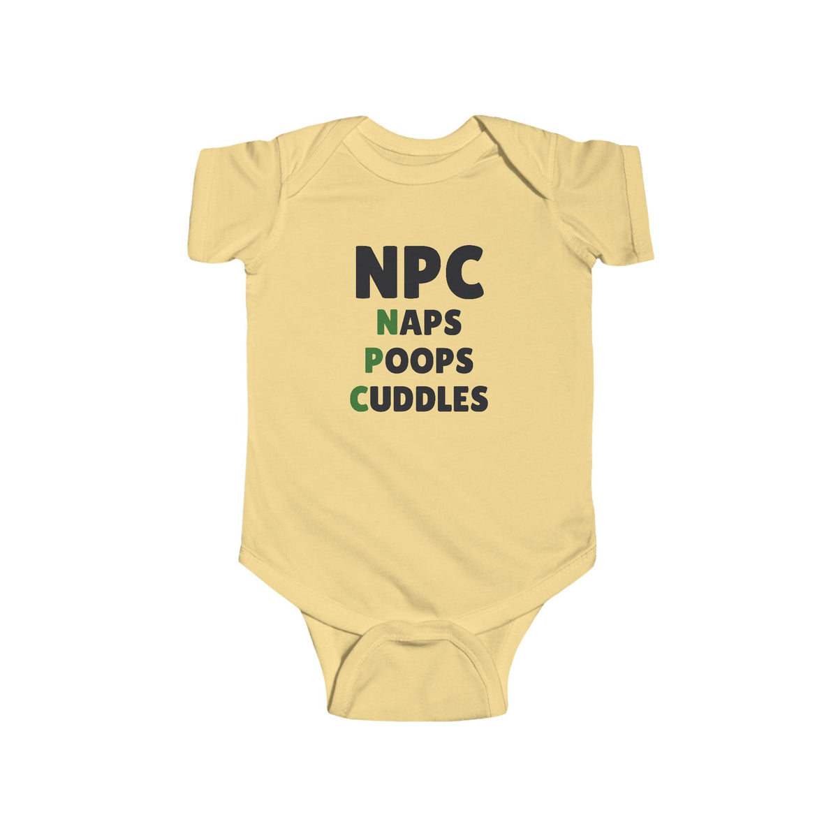 NPC Naps Poops Cuddles Gen Z meme baby onesie in Butter with "NPC Naps Poops Cuddles" graphic, product photo 2