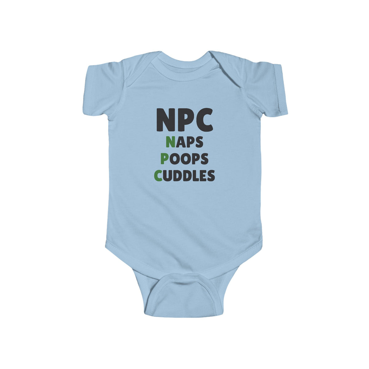 NPC Naps Poops Cuddles Gen Z meme baby onesie in Light Blue with "NPC Naps Poops Cuddles" graphic, product photo 3