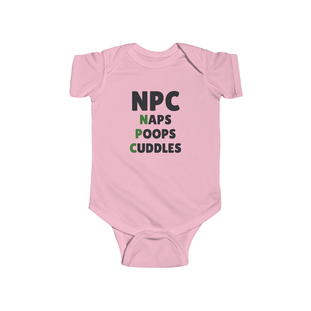 NPC Naps Poops Cuddles Gen Z meme baby onesie in Pink with "NPC Naps Poops Cuddles" graphic, product photo 4