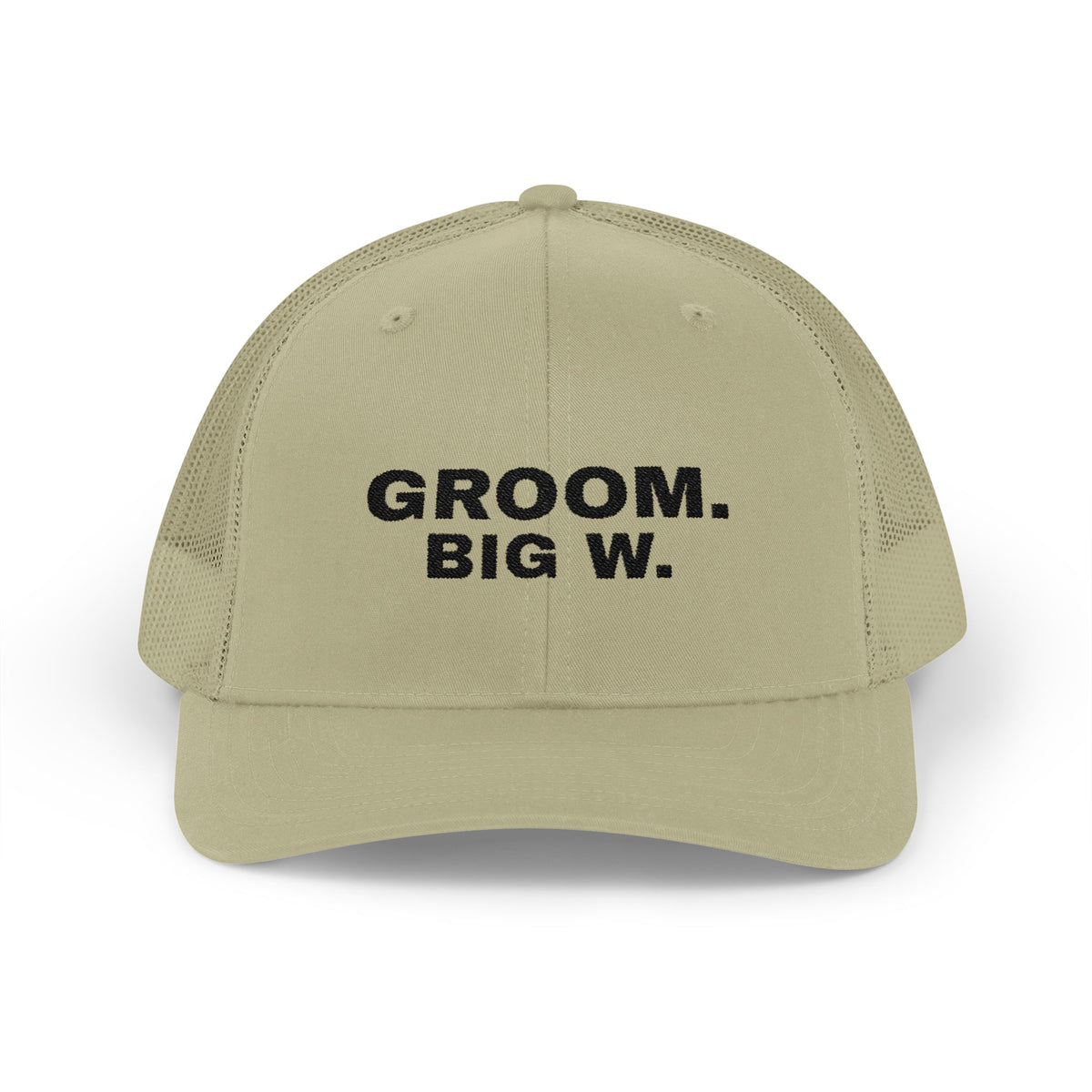 Groom Big W bachelor party trucker hat in Khaki with "Groom Big W" graphic, product photo 3
