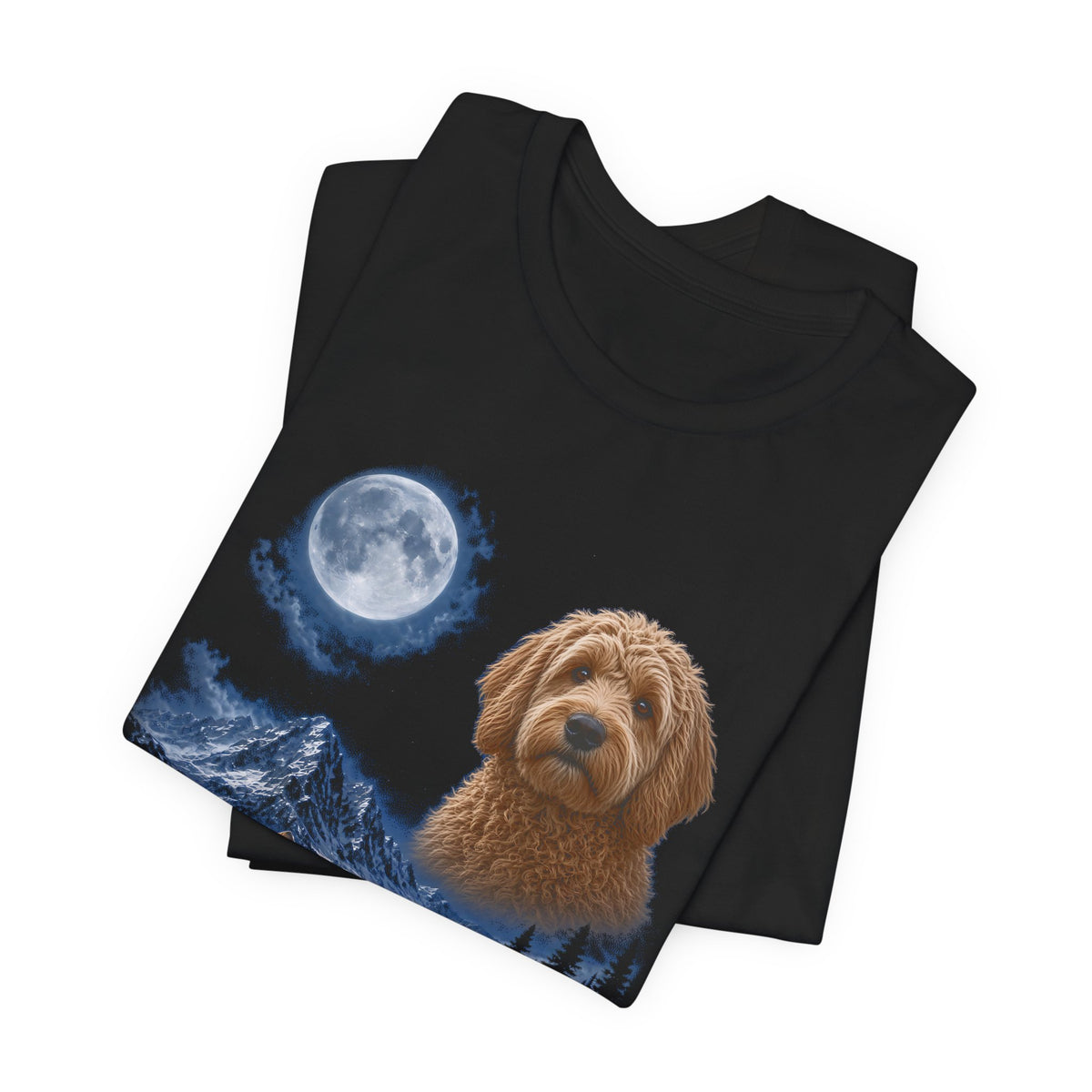 Black t-shirt with a photoreal goldendoodle under a full moon and a second goldendoodle howling on a cliff over mountains and a waterfall, folded