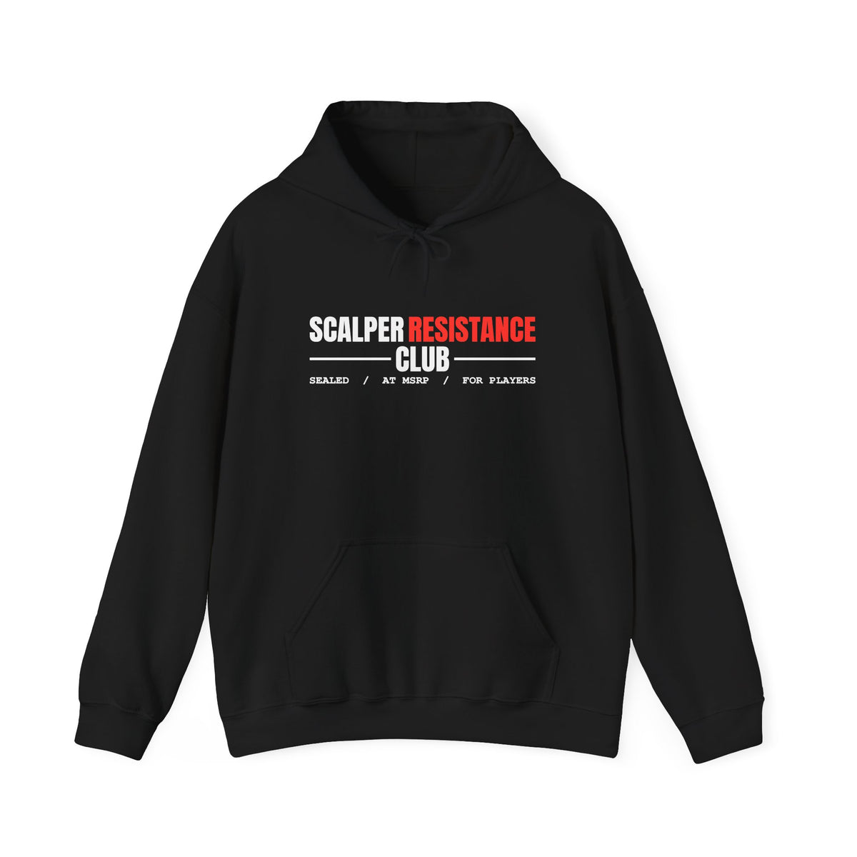 Scalper Resistance Club anti scalper card collector hoodie in Black with "Scalper Resistance Club" graphic, front view