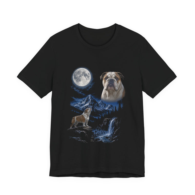 Black t-shirt with a photoreal bulldog under a full moon and a second bulldog howling on a cliff over mountains and a waterfall, front view
