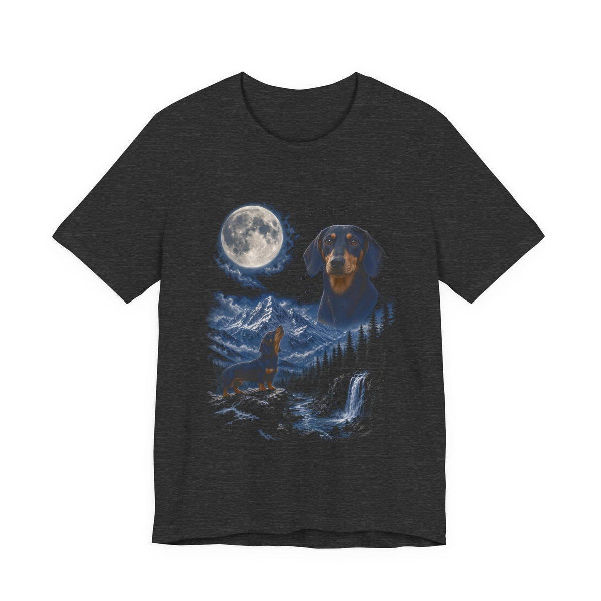 Dark Grey Heather t-shirt with a photoreal miniature dachshund under a full moon and a second miniature dachshund howling on a cliff over mountains and a waterfall, front view