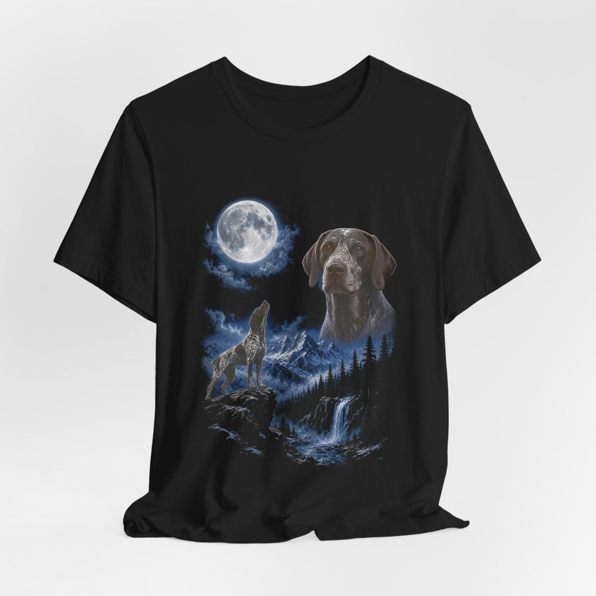 Black t-shirt with a photoreal German shorthaired pointer under a full moon and a second German shorthaired pointer howling on a cliff over mountains and a waterfall, flat lay