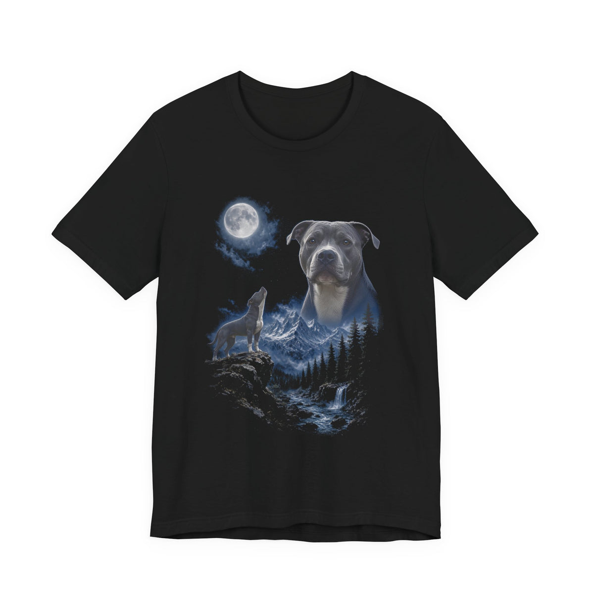 Black t-shirt with a photoreal pit bull under a full moon and a second pit bull howling on a cliff over mountains and a waterfall, front view