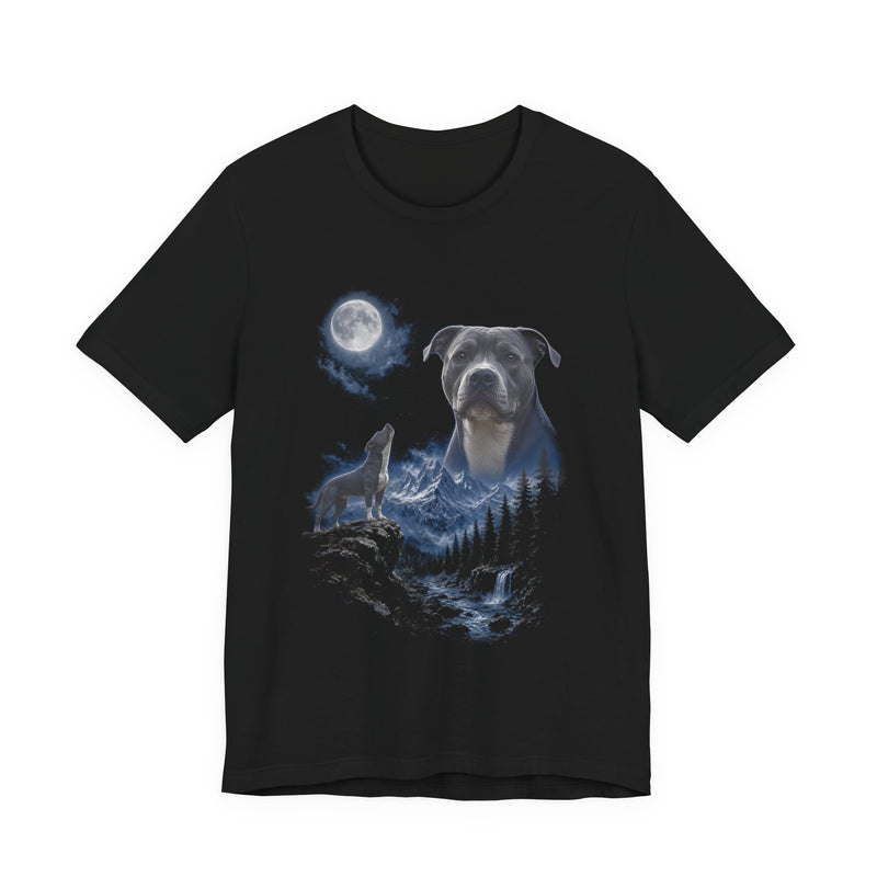 Black t-shirt with a photoreal pit bull under a full moon and a second pit bull howling on a cliff over mountains and a waterfall, front view