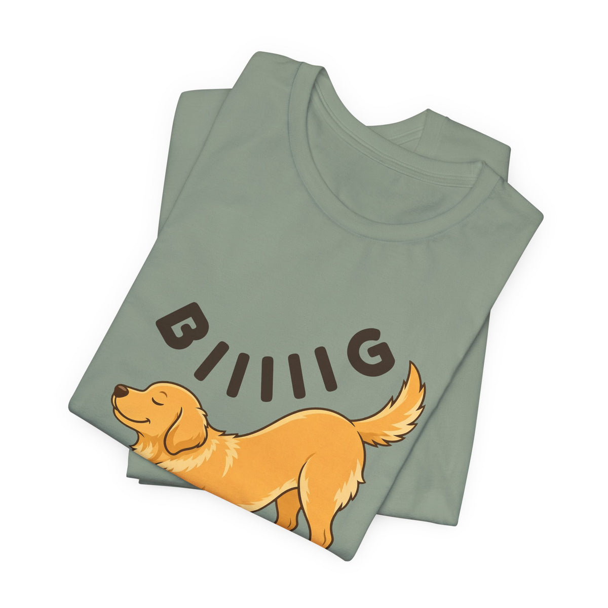 Sage t-shirt with the "Big Stretch Golden Retriever" design, folded