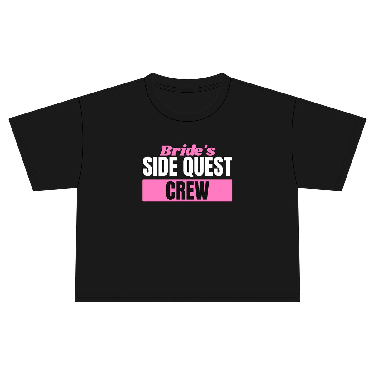 Bride's Side Quest Crew bachelorette party crop top in Black with "Bride's Side Quest Crew" graphic, front view