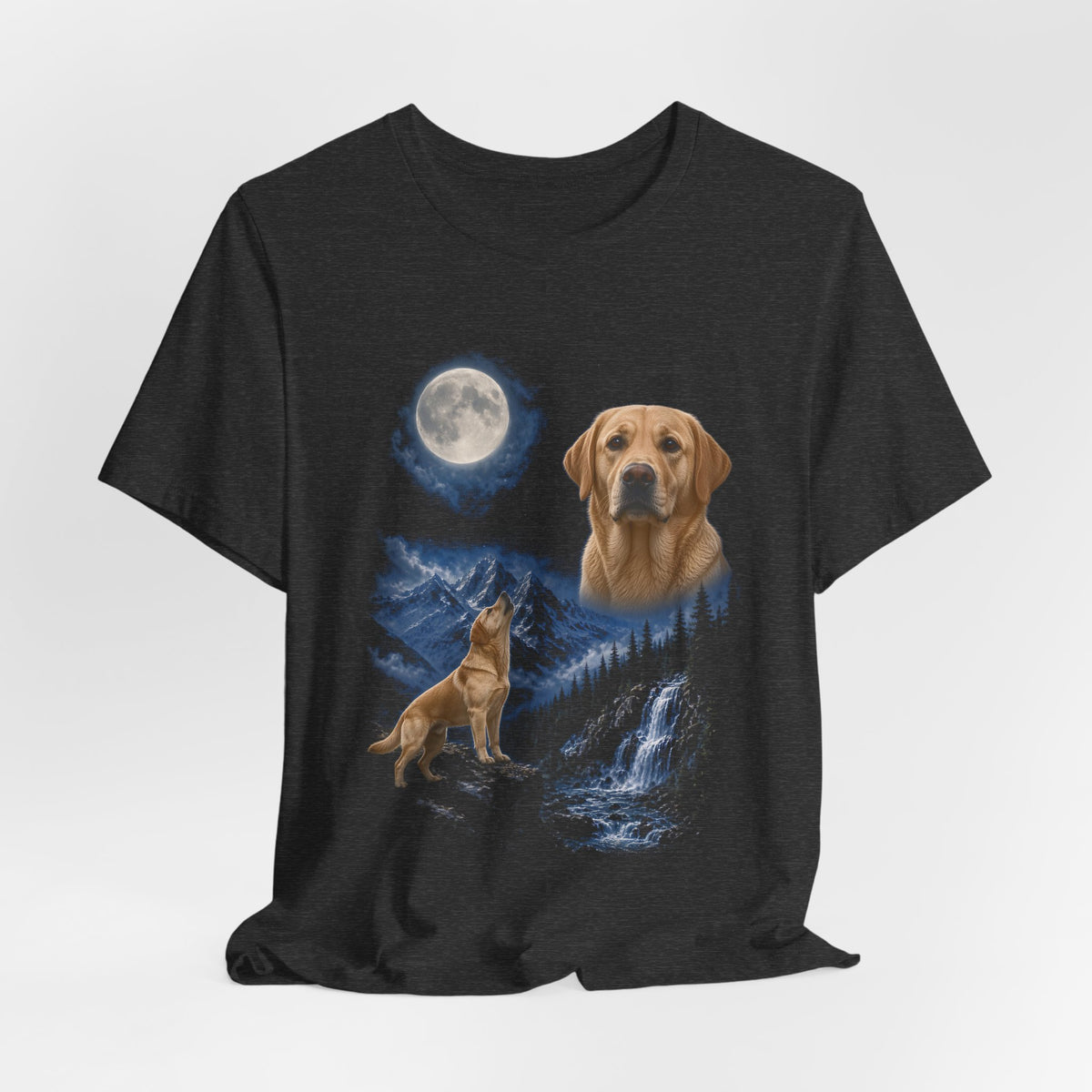 Dark Grey Heather t-shirt with a photoreal Labrador retriever under a full moon and a second Labrador retriever howling on a cliff over mountains and a waterfall, flat lay