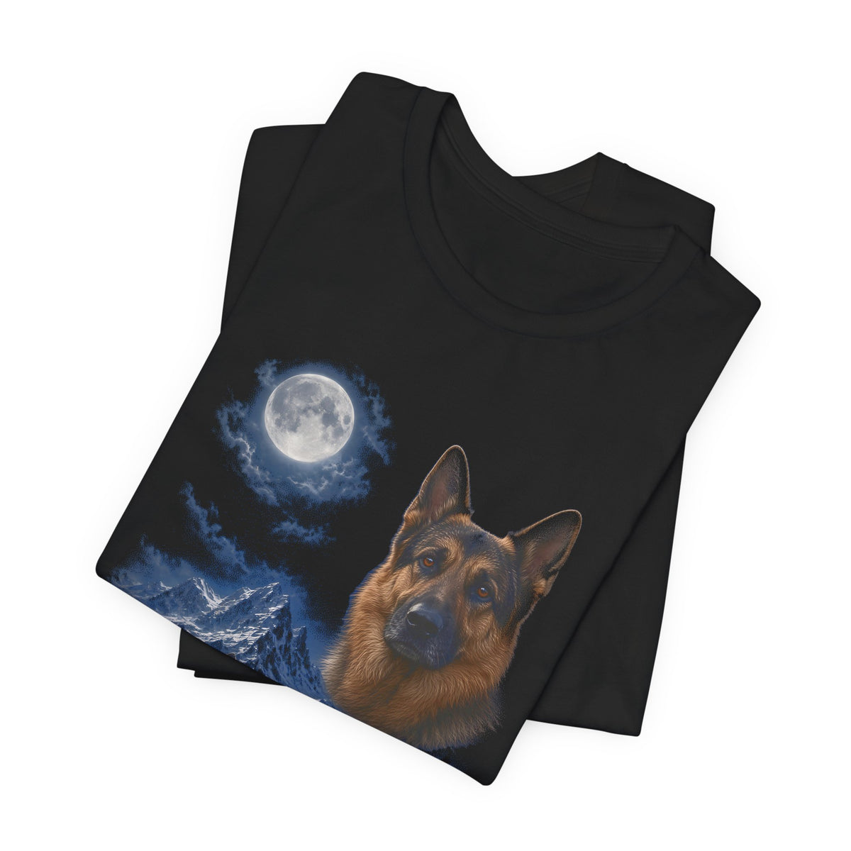 Black t-shirt with a photoreal German shepherd under a full moon and a second German shepherd howling on a cliff over mountains and a waterfall, folded