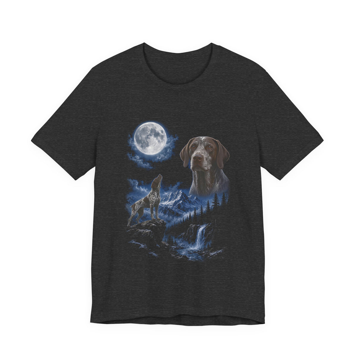Dark Grey Heather t-shirt with a photoreal German shorthaired pointer under a full moon and a second German shorthaired pointer howling on a cliff over mountains and a waterfall, front view