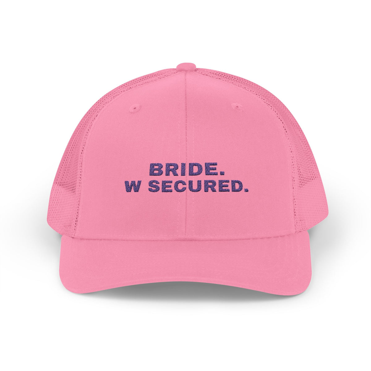 Bride W Secured bachelorette party trucker hat in Pink with "Bride W Secured" graphic, product photo 3