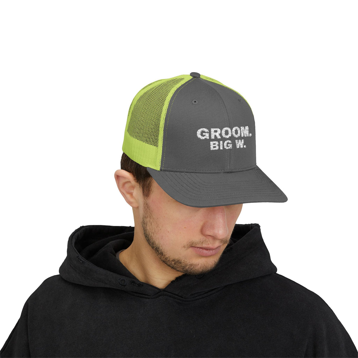 Groom Big W bachelor party trucker hat with "Groom Big W" graphic, product photo 5